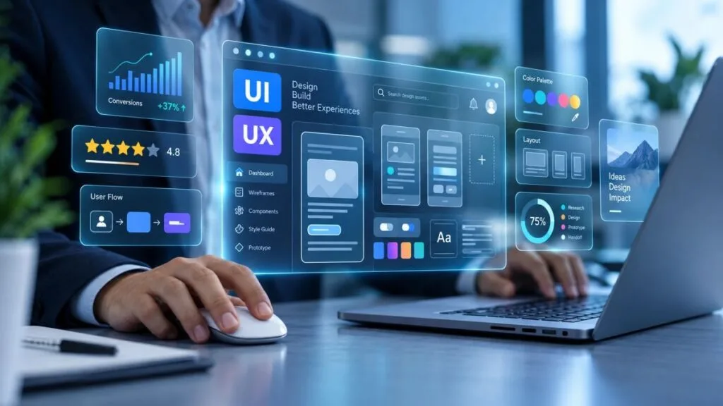 Κατασκευή ιστοσελίδας: σχεδιασμός UI/UX σε laptop με wireframes, παλέτα χρωμάτων, layout, user flow και μετρήσεις μετατροπών