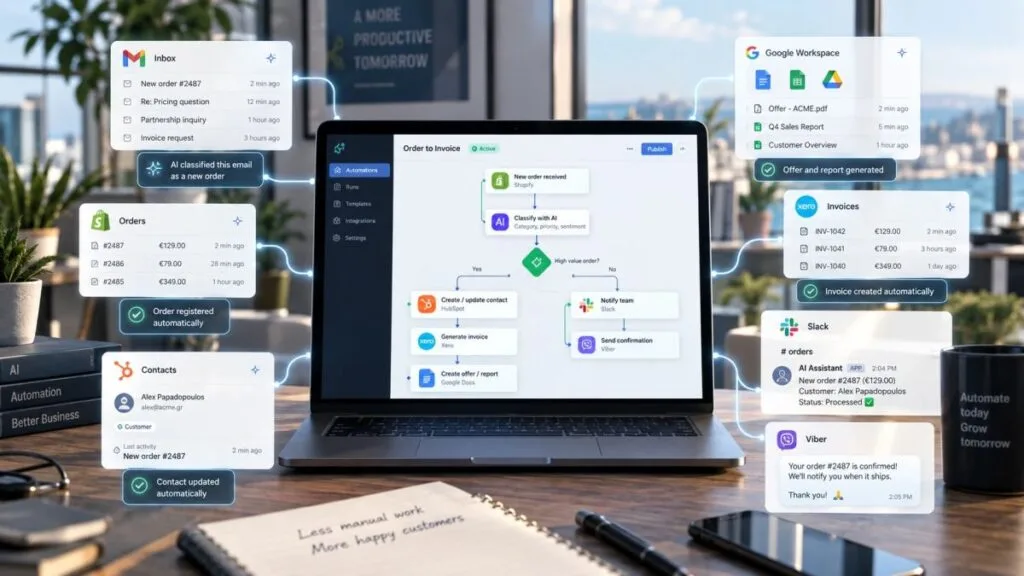 AI automation για επιχειρήσεις: ροή που ταξινομεί emails, καταχωρεί παραγγελίες, ενημερώνει το CRM, εκδίδει τιμολόγια και ειδοποιεί σε Slack και Viber αυτόματα