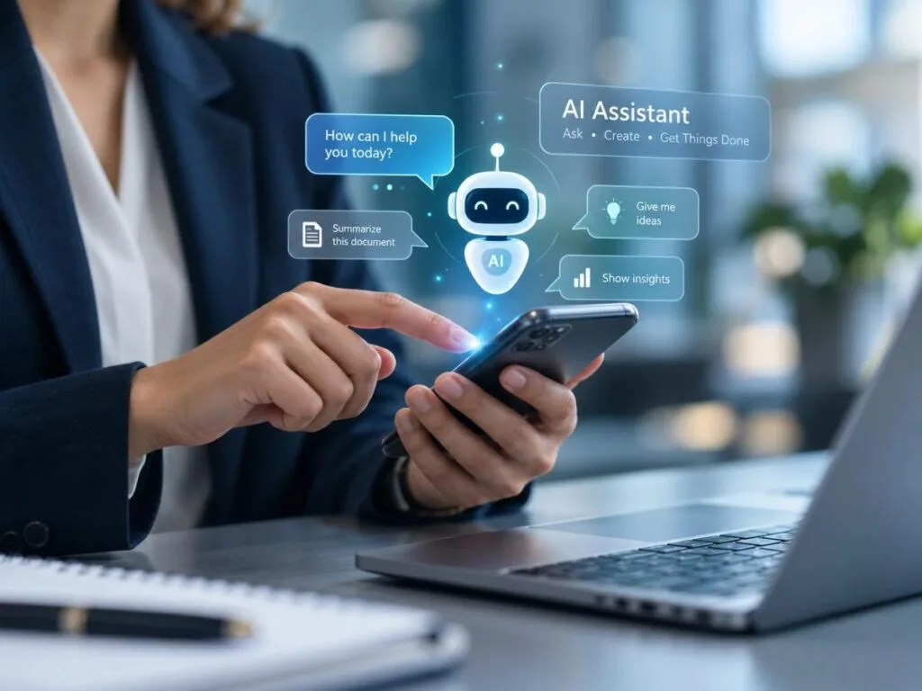 AI chatbot για επιχειρήσεις: βοηθός που απαντά σε ερωτήσεις πελατών, δίνει ιδέες και αναλύσεις σε κινητό και laptop