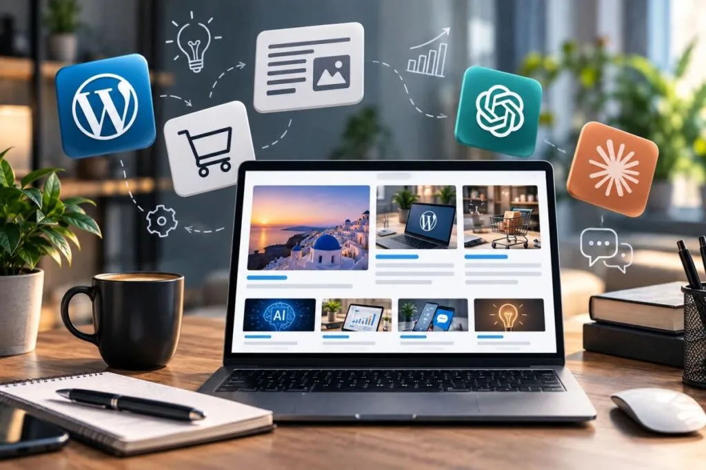 Blog CreationWeb: laptop με άρθρα για WordPress, eshop, AI και web, με εικονίδια WordPress, καλαθιού, ChatGPT και Claude