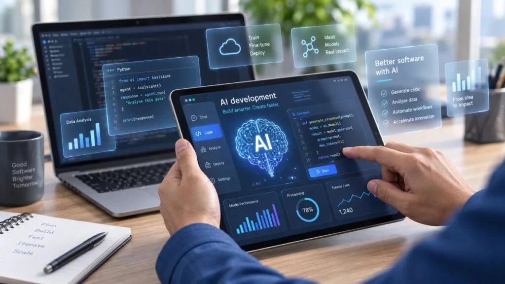 Μαθήματα κατασκευής εφαρμογών με AI: tablet με εφαρμογή AI development, κώδικας Python σε laptop και βήματα από την ιδέα στην υλοποίηση