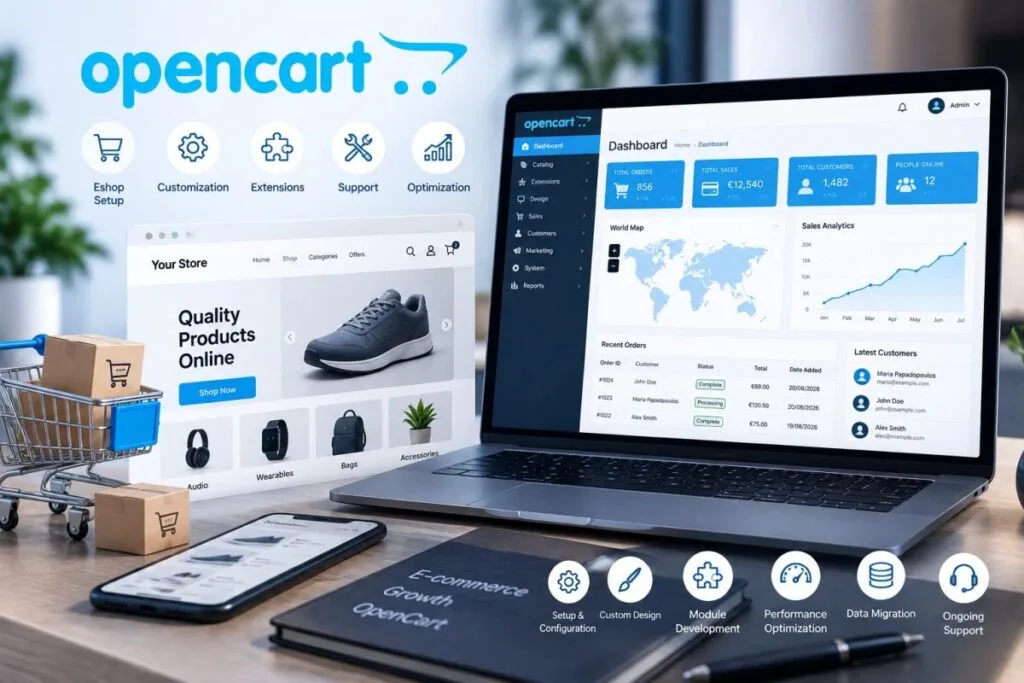 Υπηρεσίες OpenCart: πίνακας διαχείρισης OpenCart με παραγγελίες και πωλήσεις, βιτρίνα e-shop σε υπολογιστή και κινητό